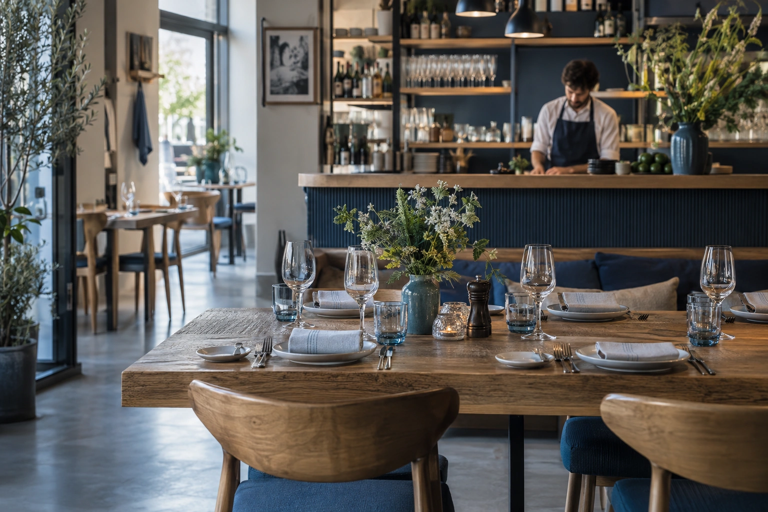Eingedeckter Tisch und Gastgeber in einem modernen Restaurant