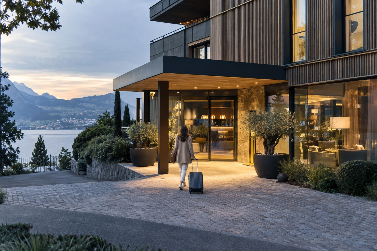 Gast mit Koffer vor einem Schweizer Hotel mit Seeblick